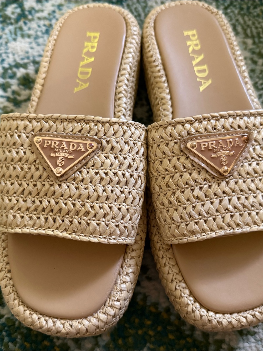 Prada Beige Woven Raffia Slide Mules with Gold Logo